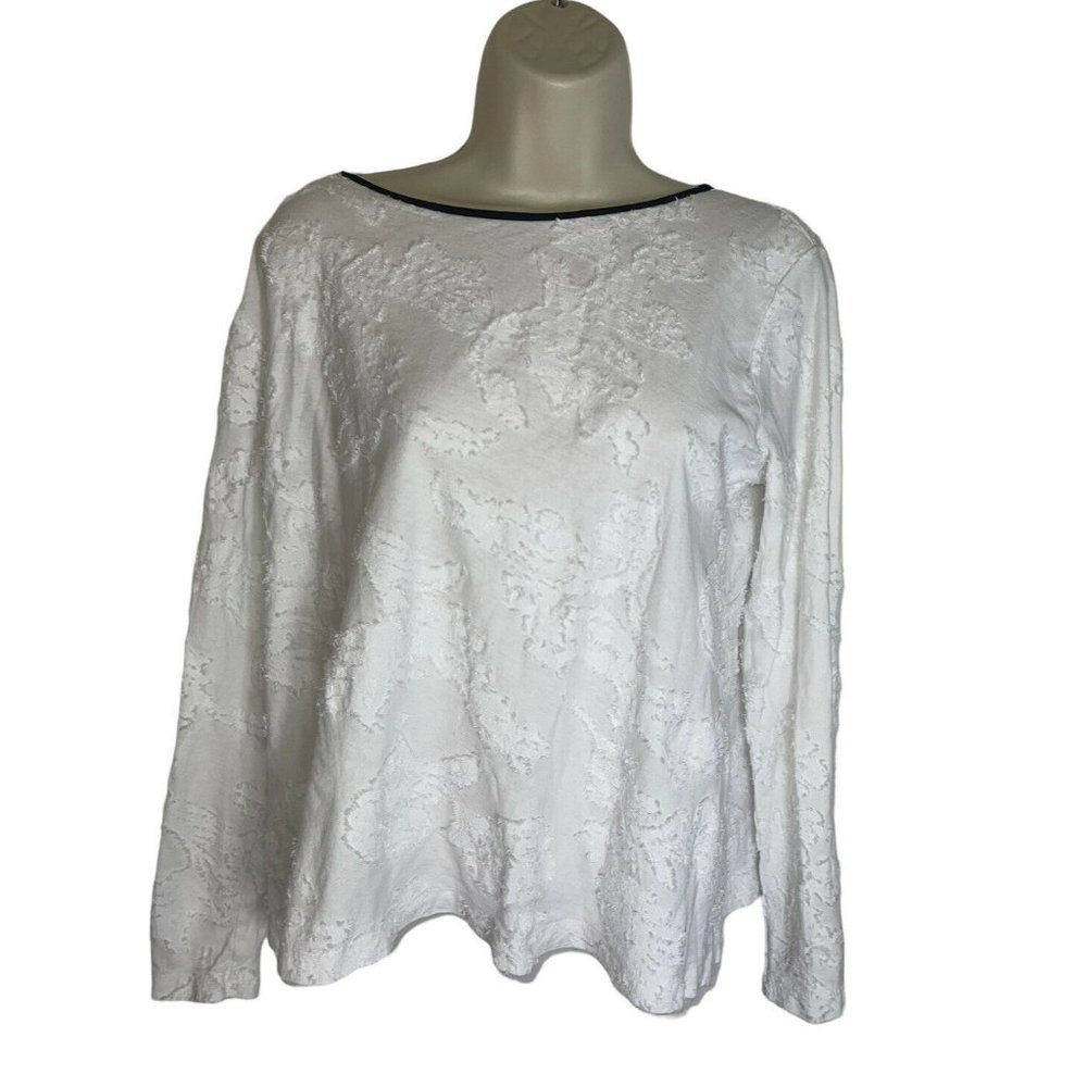 ANN TAYLOR LOFT Women's Size Medium Distressed White Blouse Black Keyhole Tie